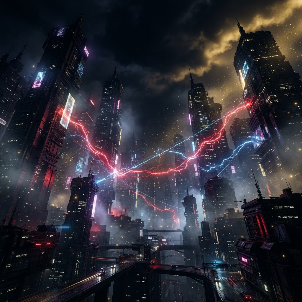 Cinematic neon-lit city skyline